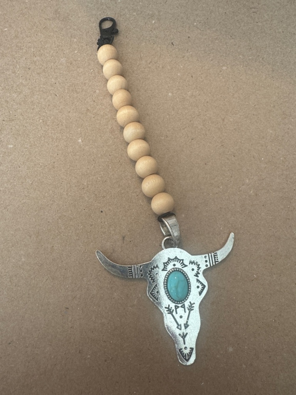 Beaded Leather Clip with Turquoise Bull Skull Pendant